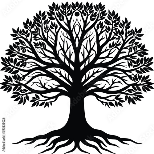  Pure black design of a large oak tree with branching limbs and visible roots, isolated on white background 