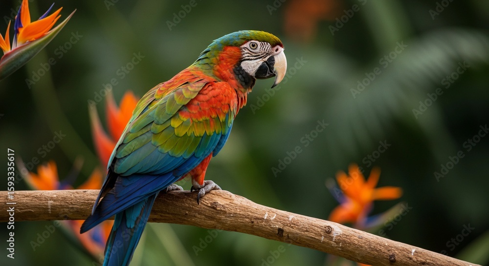 Obraz premium A colorful parrot perched on a tropical branch with a vibrant jungle background