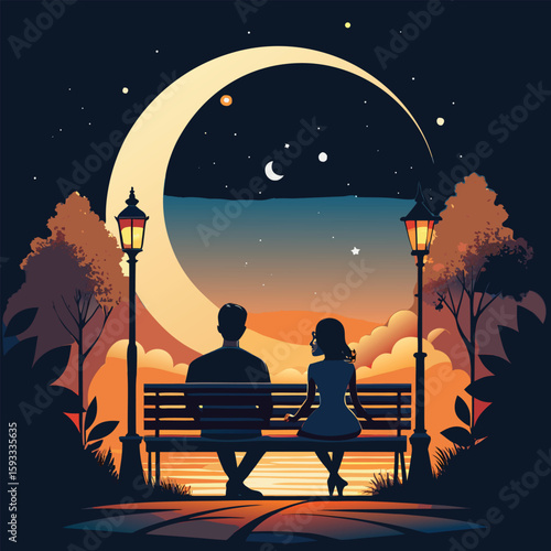 Pure black design of a man and woman sitting closely together on a park bench, gazing at the night sky filled with stars and a crescent moon above them, isolated on white background