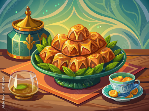 vector of Turkish baklava sweets that are very delicious to eat with tea in the evening. In a Turkish crystal bowl on a wooden table with a light background.