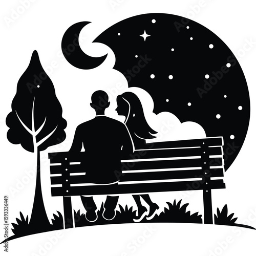Pure black design of a man and woman sitting closely together on a park bench, gazing at the night sky filled with stars and a crescent moon above them, isolated on white background