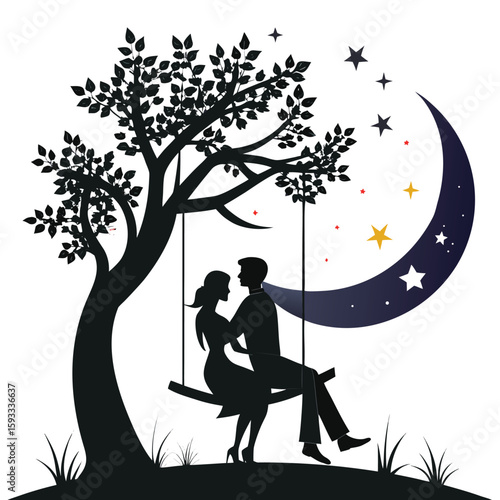 Pure black design of a man and woman sitting closely together on a swing hanging from a large tree branch, with a glowing crescent moon and stars in the sky behind them, all isolated on white backgrou