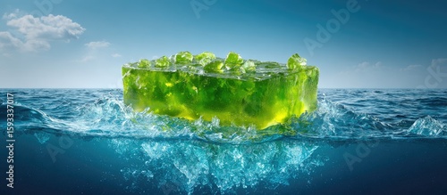 Green gelatinous island afloat in ocean waters