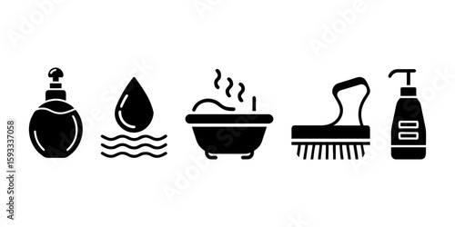 Vector icons illustrating body care and washing. Includes water drops, bathtub, brush, and spa scenes. Perfect for hygiene and wellness content.