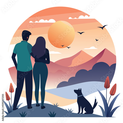 Pure black design of a man and woman standing close together with their pet dog beside them, gazing at a sunset or horizon, with birds flying and gentle hills or grass in the background, all isolated 
