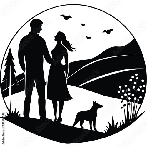 Pure black design of a man and woman standing close together with their pet dog beside them, gazing at a sunset or horizon, with birds flying and gentle hills or grass in the background, all isolated 
