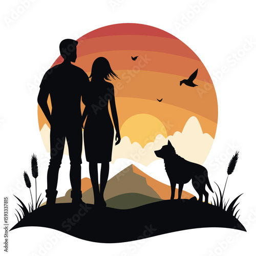 Pure black design of a man and woman standing close together with their pet dog beside them, gazing at a sunset or horizon, with birds flying and gentle hills or grass in the background, all isolated 