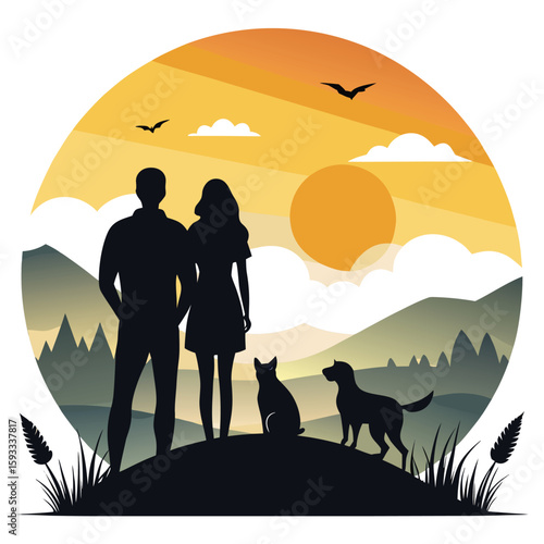 Pure black design of a man and woman standing close together with their pet dog beside them, gazing at a sunset or horizon, with birds flying and gentle hills or grass in the background, all isolated 