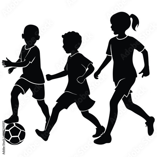 Pure black design of two boys and two girls actively kicking a soccer ball, with one child preparing to kick and others running, isolated on white background.