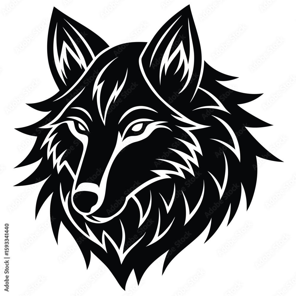 Obraz premium Pure black tribal-style design of a howling wolf face in side profile with stylized fur details, isolated on white background.