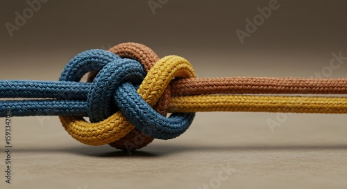 Three ropes intertwined together forming a strong knot, symbolizing unity and connection. The ropes are in shades of blue, yellow, and brown.