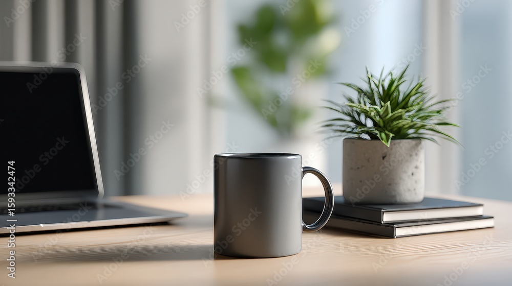 Fototapeta premium Embracing tranquility in a modern workspace with a beautifully minimalist home office setup bathed in soft daylight