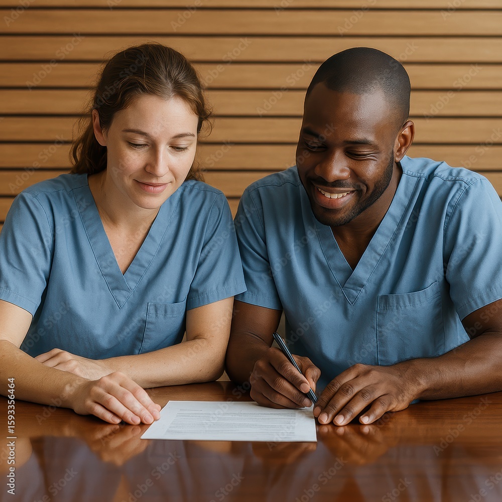 Obraz premium Male and female healthcare professionals reviewing documents in an office