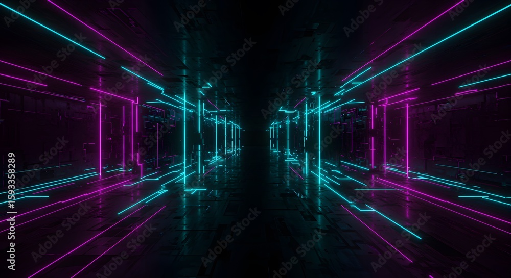 custom made wallpaper toronto digitalTunnel with cyberpunk neon lights in pink and cyan reflecting off the dark floor