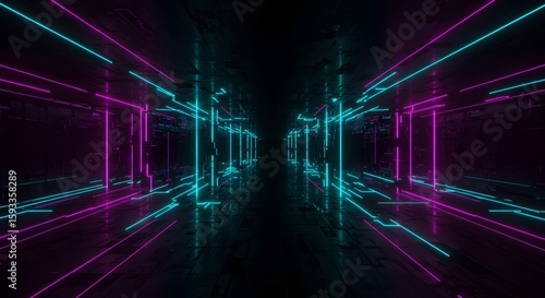 Wallpaper Mural Tunnel with cyberpunk neon lights in pink and cyan reflecting off the dark floor Torontodigital.ca