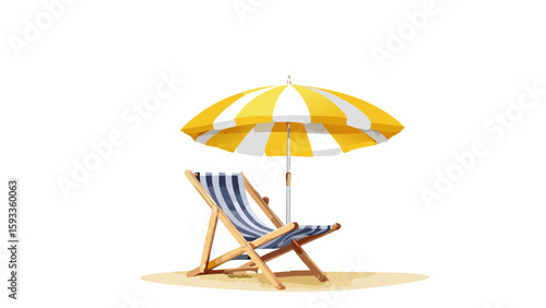 Yellow striped beach chair and umbrella watercolor illustration 
