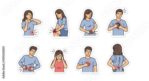 Eight cartoon figures displaying various body pains including neck, knee, stomach, chest, kidney, head, heart, and back pain.