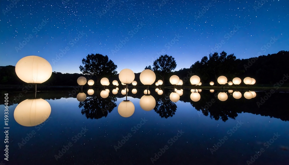 Fototapeta premium Illuminated spheres reflected in still water