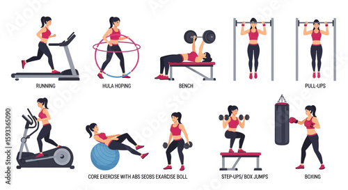 A collection of vector illustrations depicting a woman exercising in various ways, including running on a treadmill, hula hooping, bench pressing, doing pull...