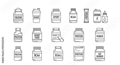 Line art illustration depicting various containers of sports supplements and nutritional products, including protein powder, creatine, BCAA, and fat burners.