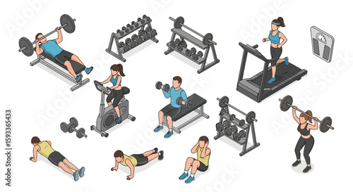 Isometric illustration depicting people exercising in a gym using various equipment like treadmill, weights, exercise bike, and bench press.