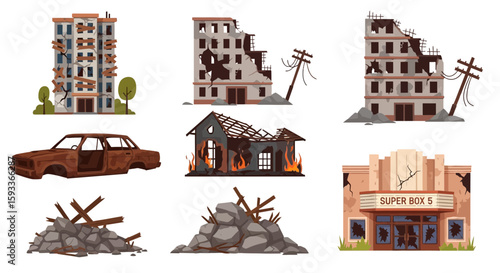 Cartoon illustration depicting the aftermath of destruction, featuring damaged buildings, a burning house, a wrecked car, and piles of debris.