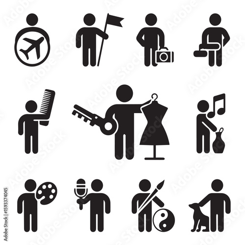 A collection of various stick figure icons representing different professions and hobbies, isolated on white background Vector Art