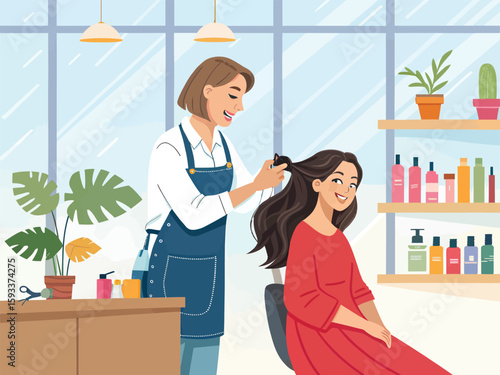 Hair salon appointment: professional stylist cutting and styling client's hair for beauty and care