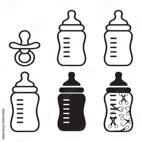 A set of black and white baby bottle and pacifier icons isolated on white background, perfect for illustrating infant care and feeding