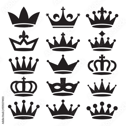 A set of fifteen black crown silhouettes isolated on white background presents a diverse range of royal and heraldic symbols, ideal for adding a touch of sophistication and grandeur to any design