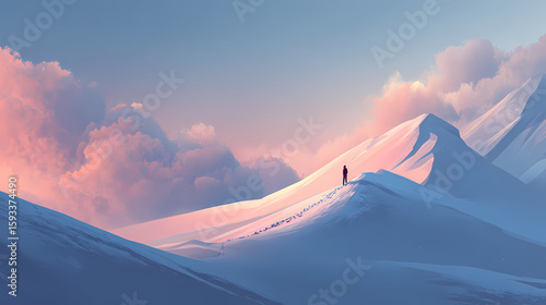 Snowy landscape with soft light, man standing at the bottom, looking out into the distance, clear copy space at the top for text or graphics., digital illustration. silent chill. Illustration