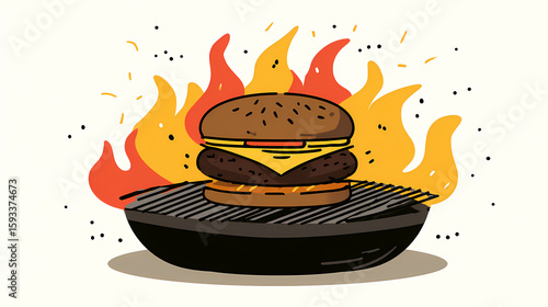 Wallpaper Mural Simple drawing of a burger being flipped on a grill, with vibrant colors on a white background capturing a classic cookout moment. flipped moment. Illustration Torontodigital.ca