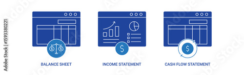 Financial Statement icon set with balance sheet, income statement, cash flow statement icon concept illustration.