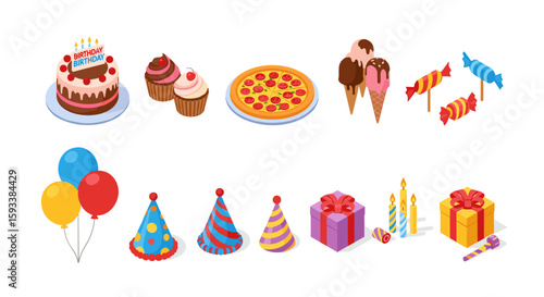 Isometric birthday party arrangement featuring cake, pizza, ice cream, gifts and party accessories