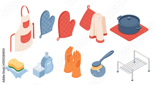Isometric kitchen essentials including apron oven mitts pot holders and cleaning supplies arranged neatly