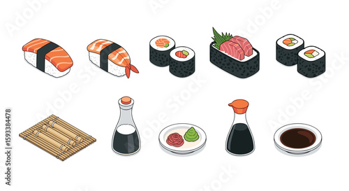 Isometric view of sushi assortment with salmon, shrimp, tuna, and maki rolls with soy sauce and wasabi