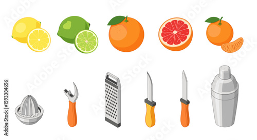 Illustration showing various citrus fruits and bar tools including a juicer and a cocktail shaker object