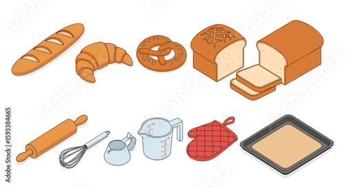Isometric illustration of various baked goods and baking utensils on a white background surface view