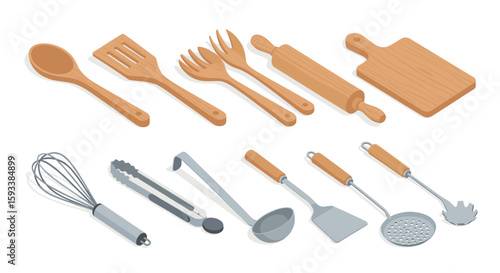 An assortment of kitchen utensils including wooden spoons spatulas and metal cooking implements displayed