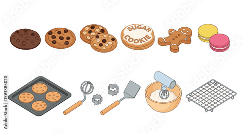 Illustration showcasing various baked goods and baking utensils arranged on a white background surface