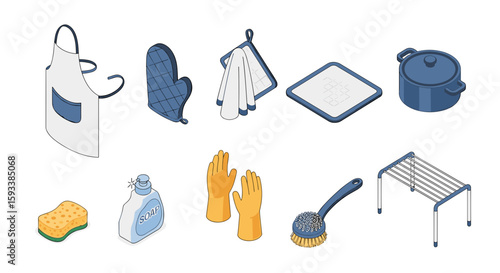 Isometric kitchen cleaning and cooking items including apron pot holder and gloves displayed neatly