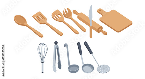 Illustration of various kitchen utensils including wooden spoons and metal ladles and whisks