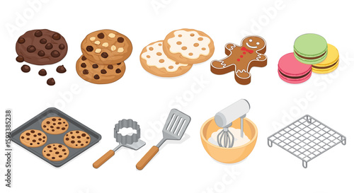 Illustration of assorted baked goods including cookies macarons and a gingerbread man with tools