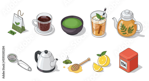Isometric view of various tea preparations and accessories including honey and lemon slices displayed