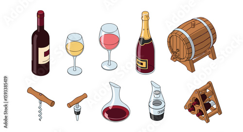 Isometric representation of various spanish dishes including paella tapas and jamon with beverages too
