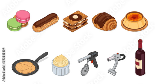 Isometric view of assorted pastries cooking tools and a wine bottle arranged on a white background