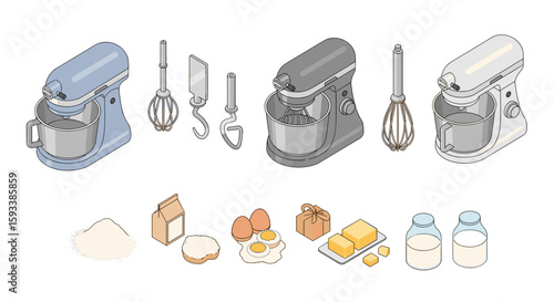 Isometric view of three stand mixers with various attachments and baking ingredients displayed below them