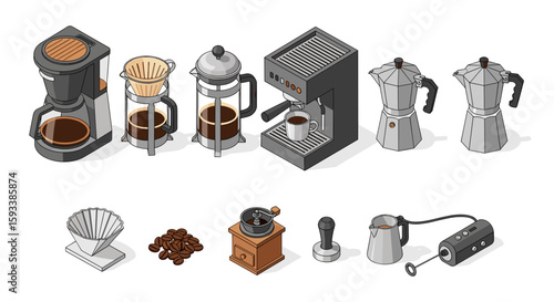 Isometric view of various coffee brewing equipment and accessories displayed on a white background surface