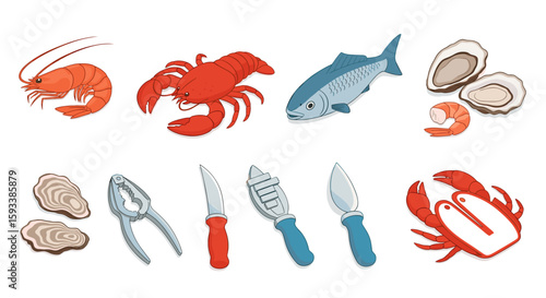 Illustration of assorted seafood including shrimp lobster fish oysters and crab with tools displayed