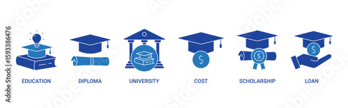Scholarship icon set with education, diploma, university, cost, scholarship, loan concept illustration